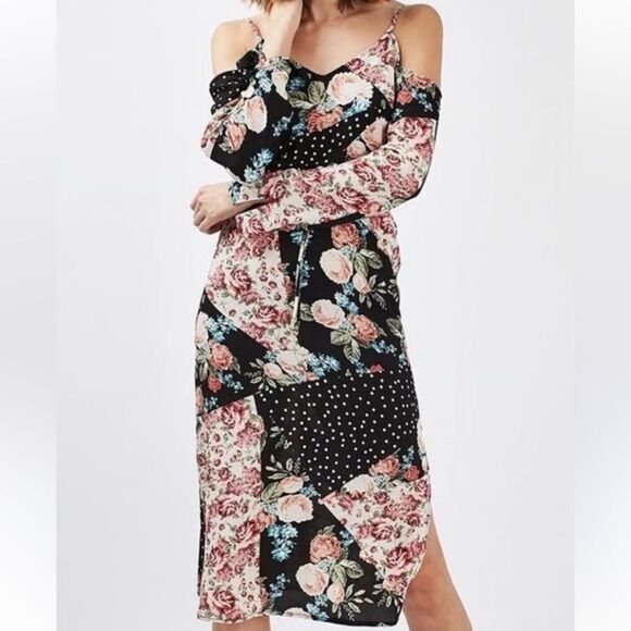 TOPSHOP Cold Shoulder Floral and Polka Dot MIDI Dress size 8 - Picture 1 of 11